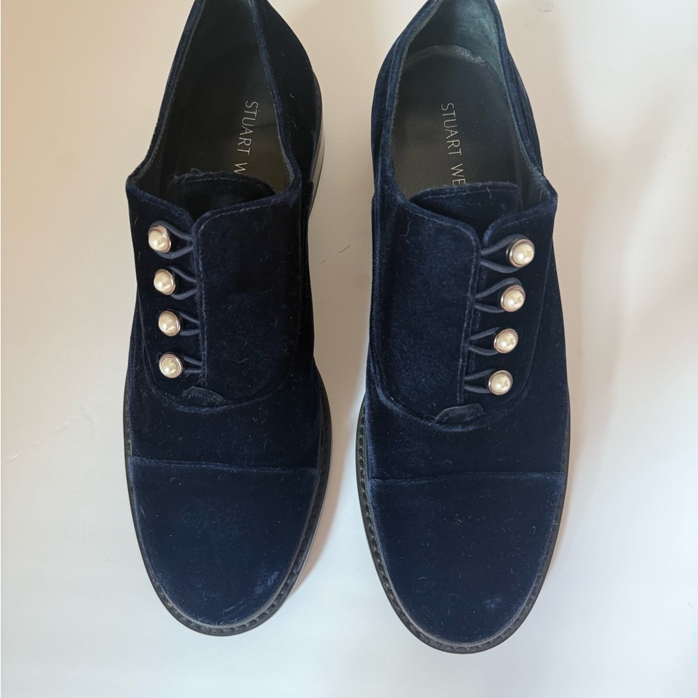 Stuart Weitzman Women’s Mrs Pats Navy Oxford Velvet Shoes Size 10